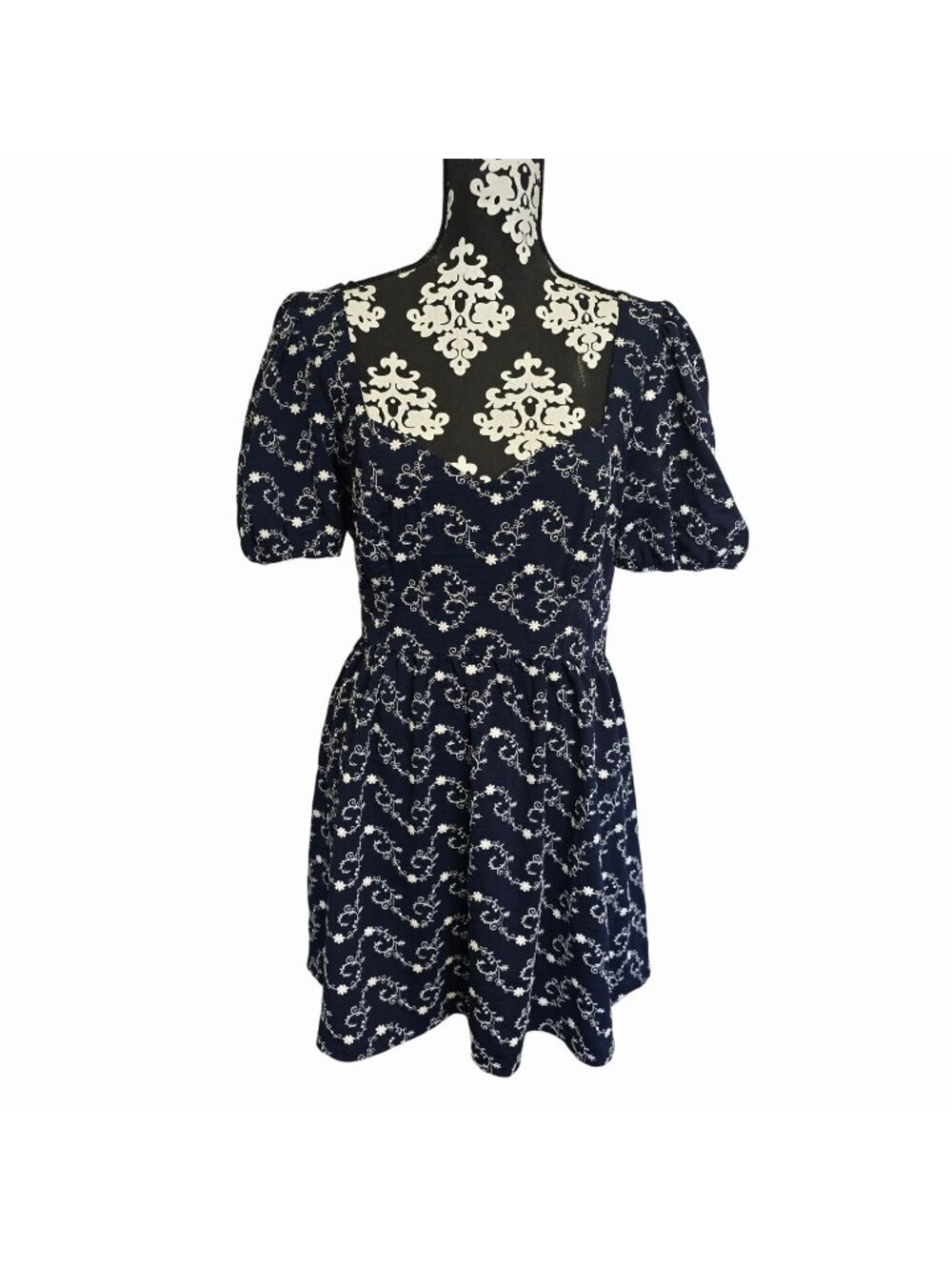Audrey Parks XL Mini Dress Navy Floral Open Back Short Puff Sleeve Peasant